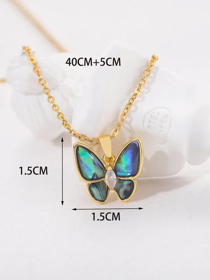 Lady Butterfly Titanium Steel Copper Plating Inlay Artificial Gemstones 18k Gold Plated Pendant Necklace