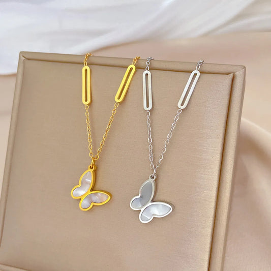 Lady Butterfly Titanium Steel Plating Gold Plated Pendant Necklace