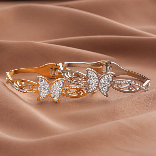 Lady Butterfly Titanium Steel Plating Inlay Zircon Cuff Bracelets