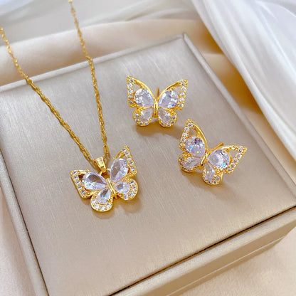 Wholesale Lady Butterfly Titanium Steel Plating Inlay Zircon Earrings Necklace