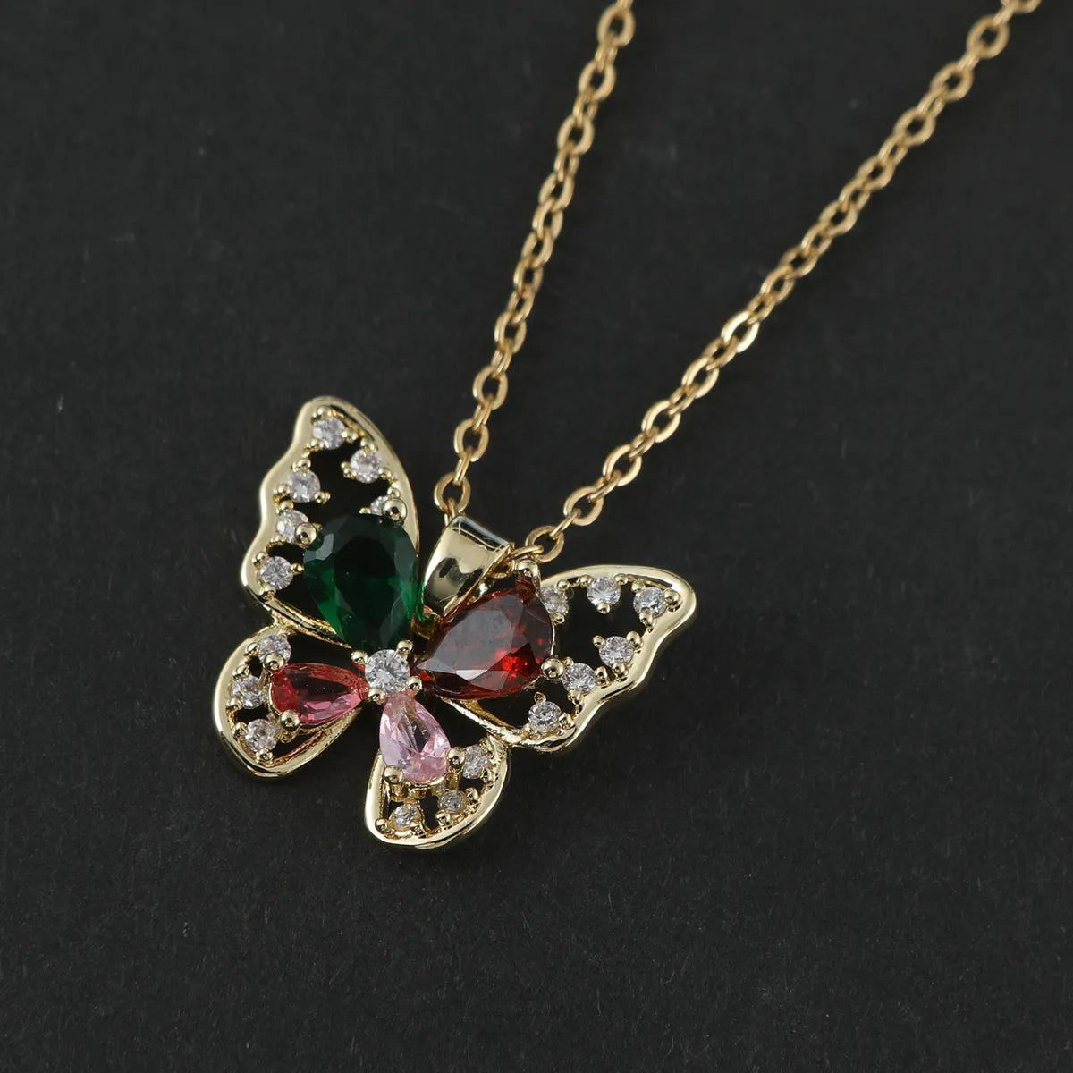 Lady Classic Style Butterfly Stainless Steel Inlay Zircon Pendant Necklace