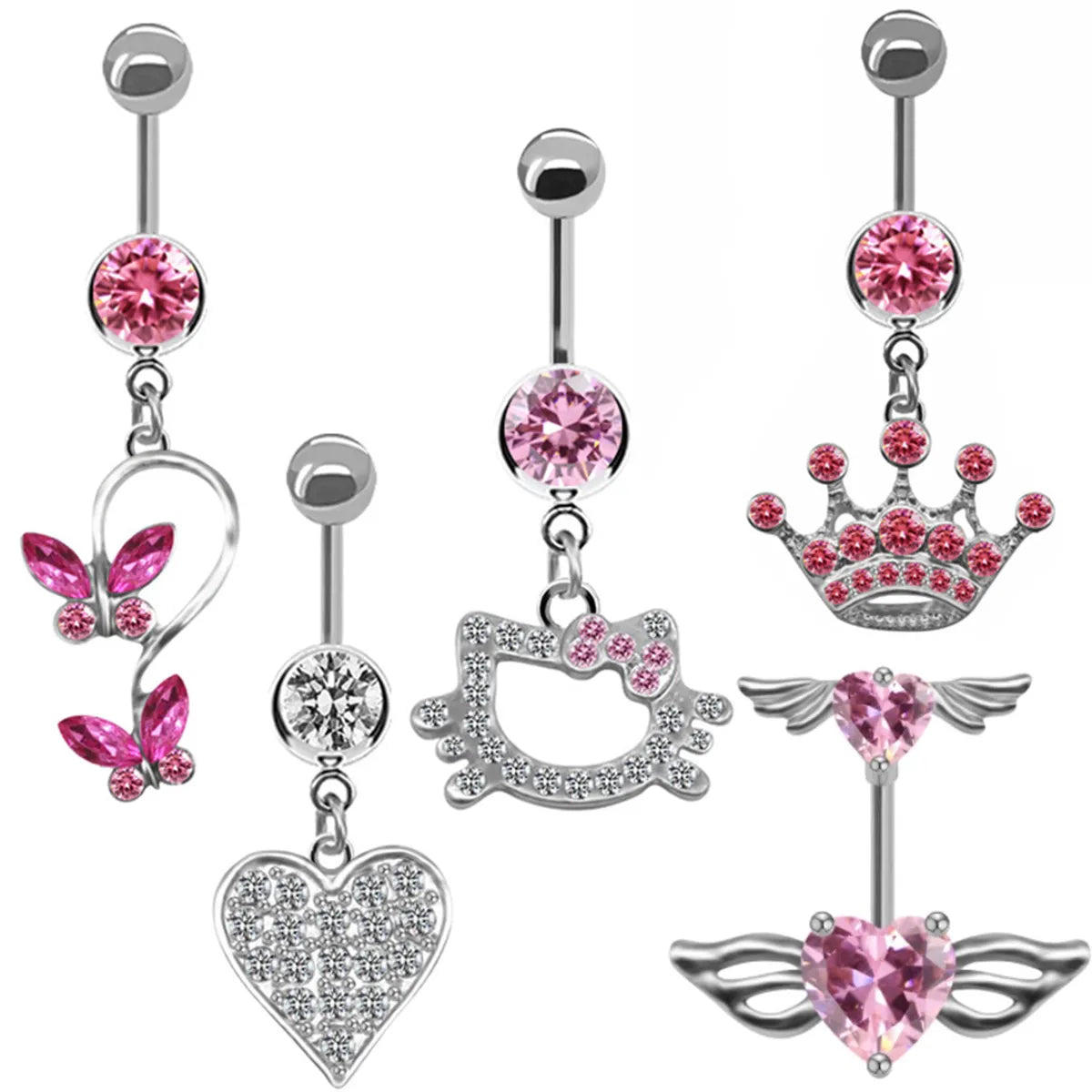 Lady Classic Style Shiny Cat Crown Butterfly Stainless Steel Alloy Copper Plating Metal Inlay Zircon White Gold Plated Gold Plated Belly Ring