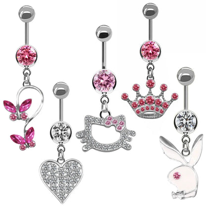 Lady Classic Style Shiny Cat Crown Butterfly Stainless Steel Alloy Copper Plating Metal Inlay Zircon White Gold Plated Gold Plated Belly Ring