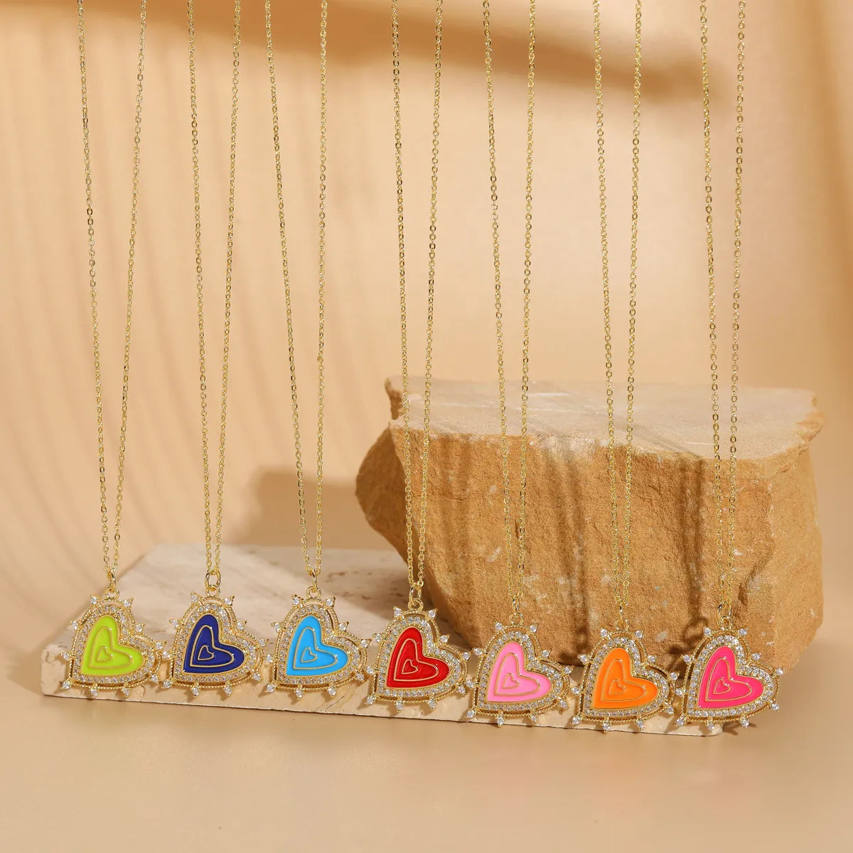 Lady Classic Style Streetwear Heart Shape Copper Enamel Plating 14k Gold Plated Pendant Necklace