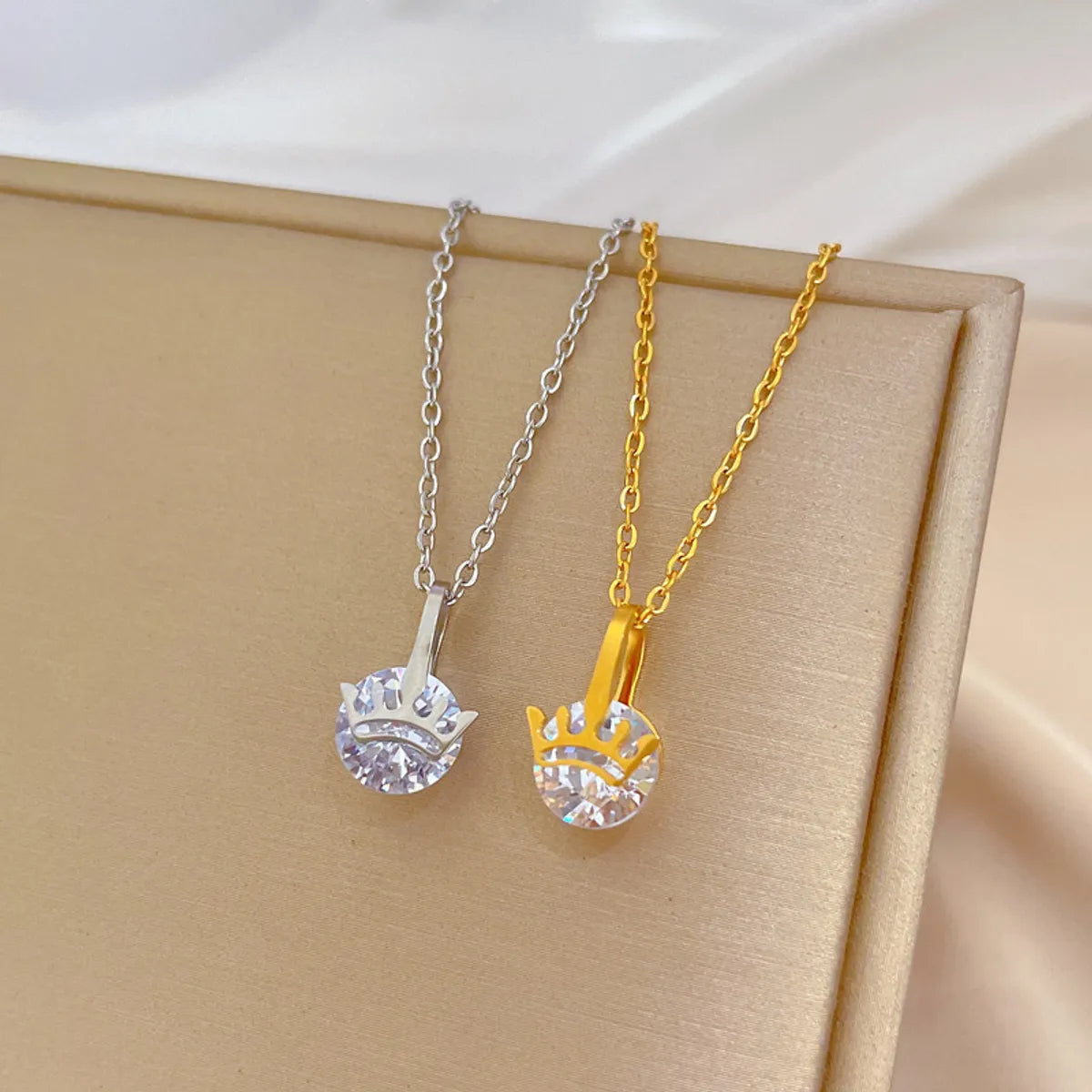 Lady Crown Titanium Steel Plating Inlay Zircon Pendant Necklace