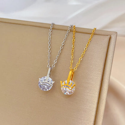 Lady Crown Titanium Steel Plating Inlay Zircon Pendant Necklace