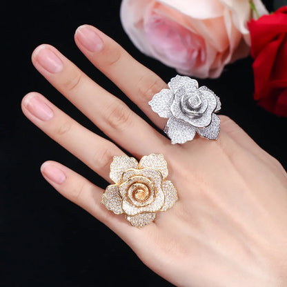 Lady Flower Copper Plating Inlay Zircon White Gold Plated Rhodium Plated Rings