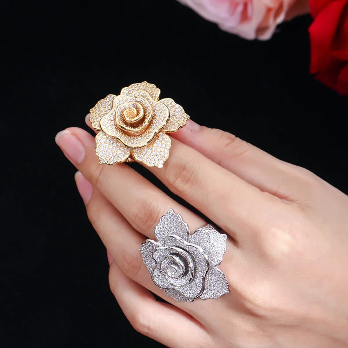 Lady Flower Copper Plating Inlay Zircon White Gold Plated Rhodium Plated Rings