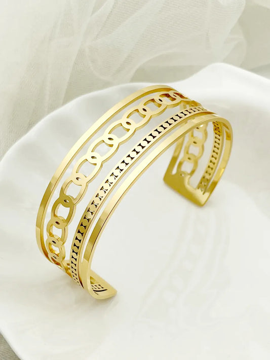 Lady French Style Solid Color Stainless Steel Plating Hollow Out 14k Gold Plated Bangle