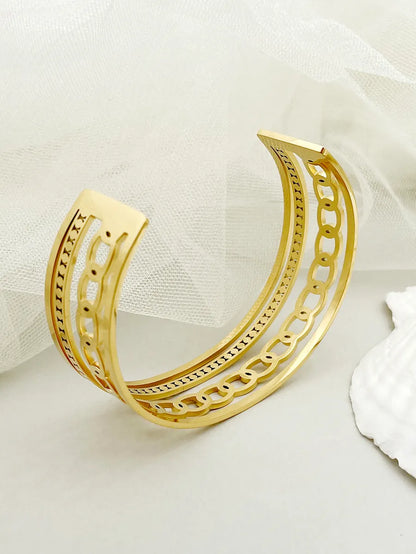 Lady French Style Solid Color Stainless Steel Plating Hollow Out 14k Gold Plated Bangle