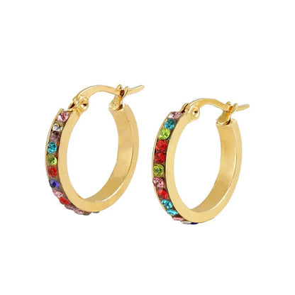 1 Pair Lady Geometric Inlay Titanium Steel Rhinestones 18k Gold Plated Hoop Earrings