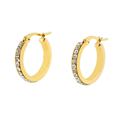 1 Pair Lady Geometric Inlay Titanium Steel Rhinestones 18k Gold Plated Hoop Earrings