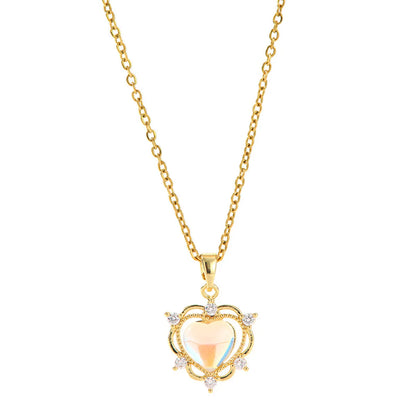 Lady Heart Shape Flower Titanium Steel Plating Inlay Zircon Gold Plated Pendant Necklace