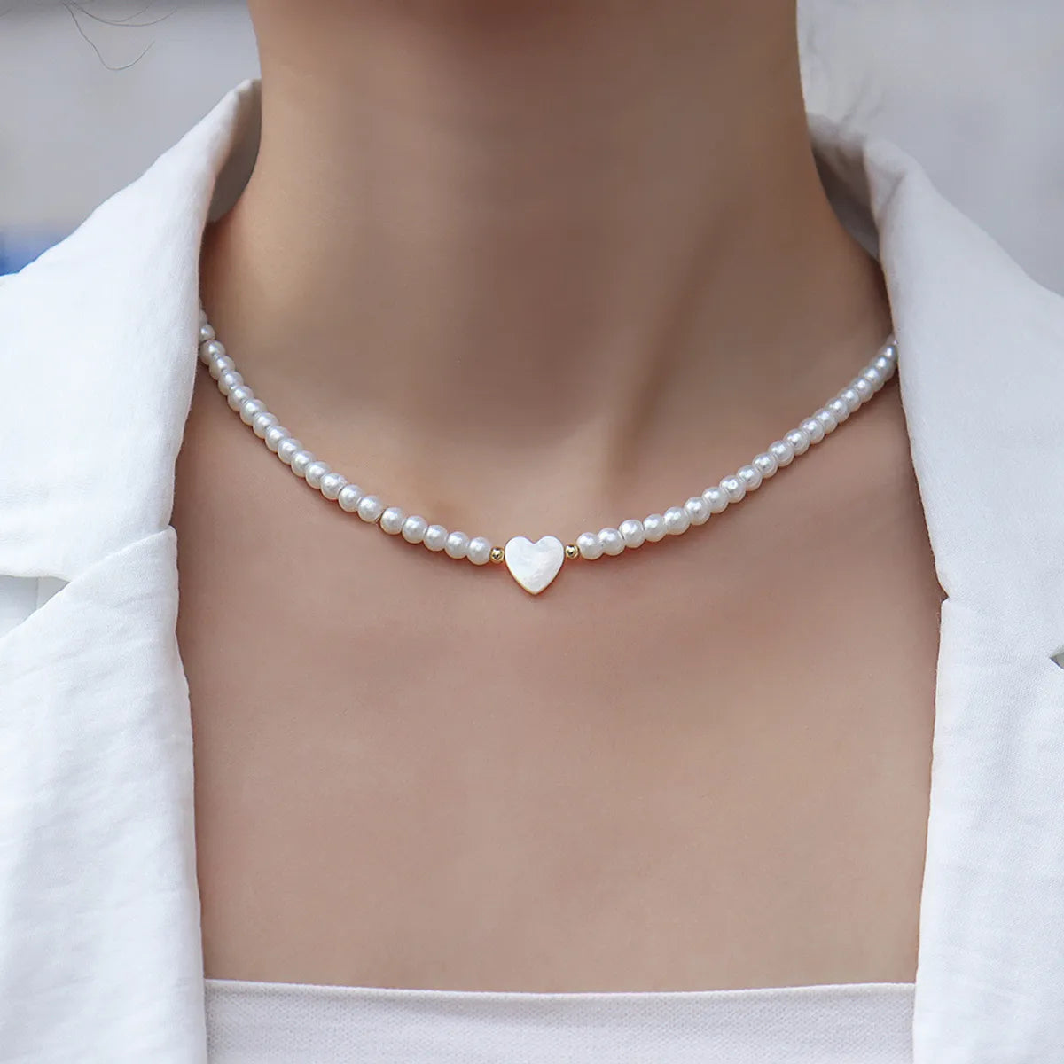 Lady Heart Shape Stainless Steel Imitation Pearl Shell Beaded Plating Necklace