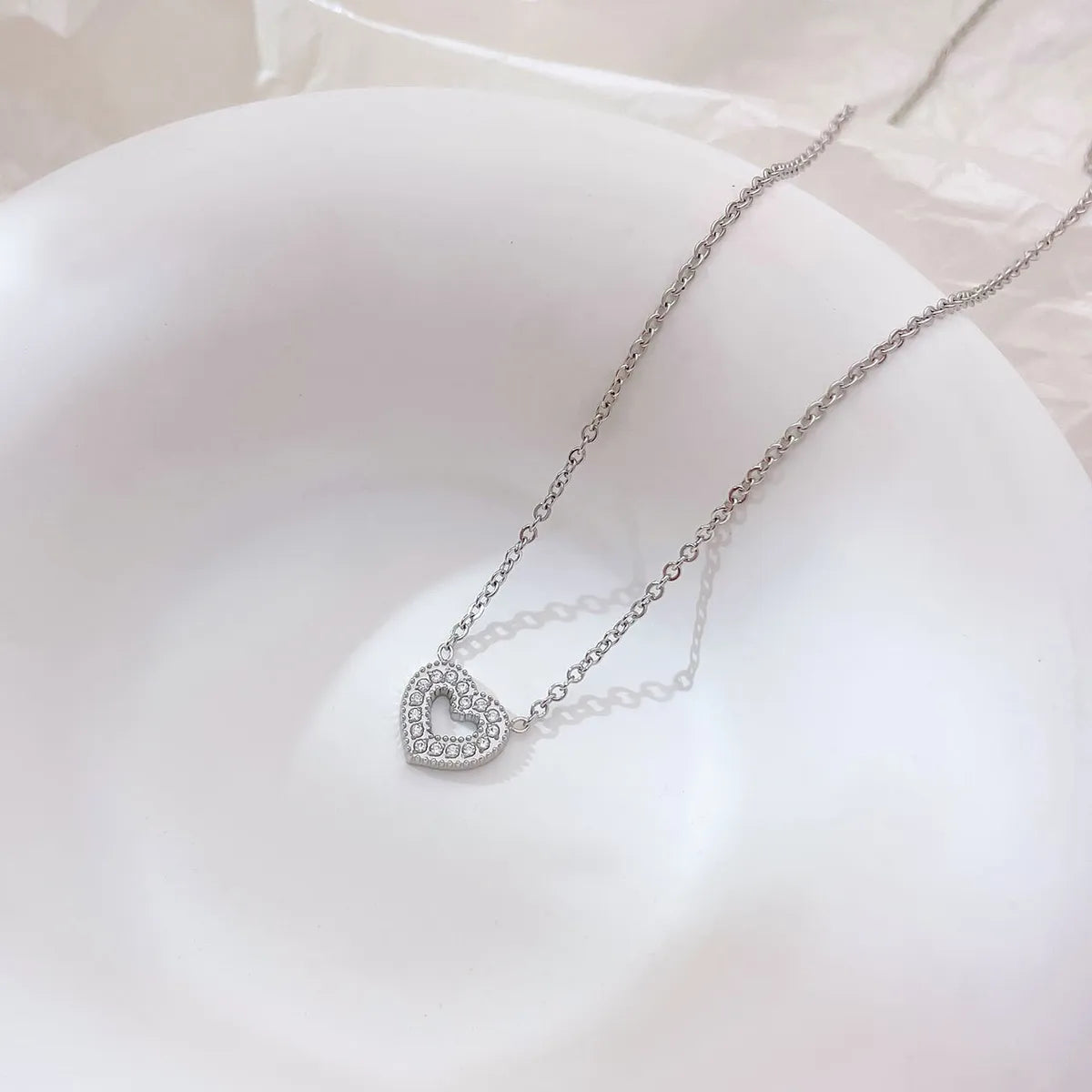 Wholesale Jewelry Lady Heart Shape 304 Stainless Steel Zircon White Gold Plated Gold Plated Plating Inlay Pendant Necklace