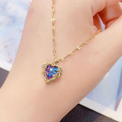 Titanium Steel Lady Inlay Heart Shape Artificial Gemstones Pendant Necklace