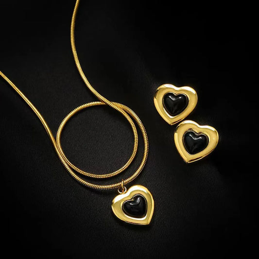 Lady Heart Shape Titanium Steel Plating 18k Gold Plated Earrings Necklace