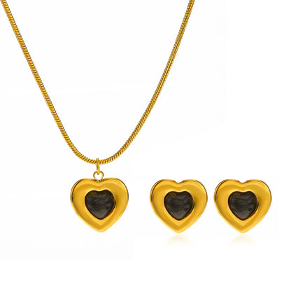 Titanium Steel 18K Gold Plated Lady Plating Inlay Heart Shape Artificial Gemstones Earrings Necklace