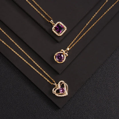 Lady Korean Style Geometric Square Heart Shape Copper Plating Inlay Zircon Pendant Necklace