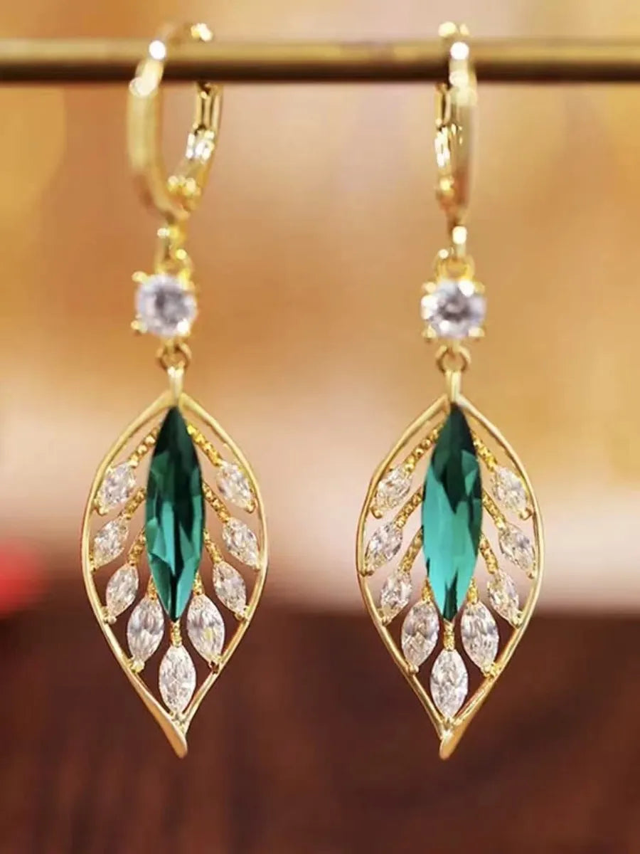 Lady Leaf Artificial Crystal Alloy Inlay Zircon Women'S Drop Earrings