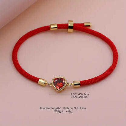 Lady Romantic Shiny Heart Shape Rope Copper Plating Inlay Zircon 18k Gold Plated Unisex Drawstring Bracelets