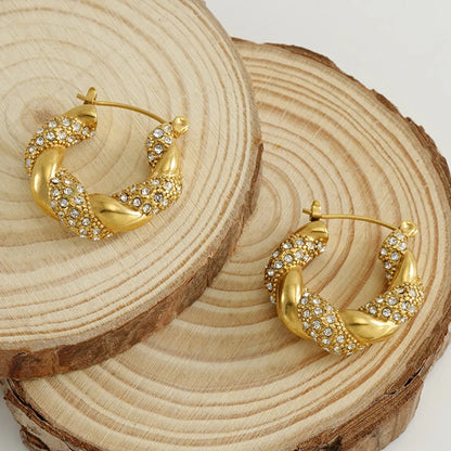 1 Pair Lady Round Gold Plated Stainless Steel Rhinestones Gold Plated Earrings