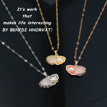 Lady Shell Titanium Steel Copper Plating Inlay Zircon Pendant Necklace