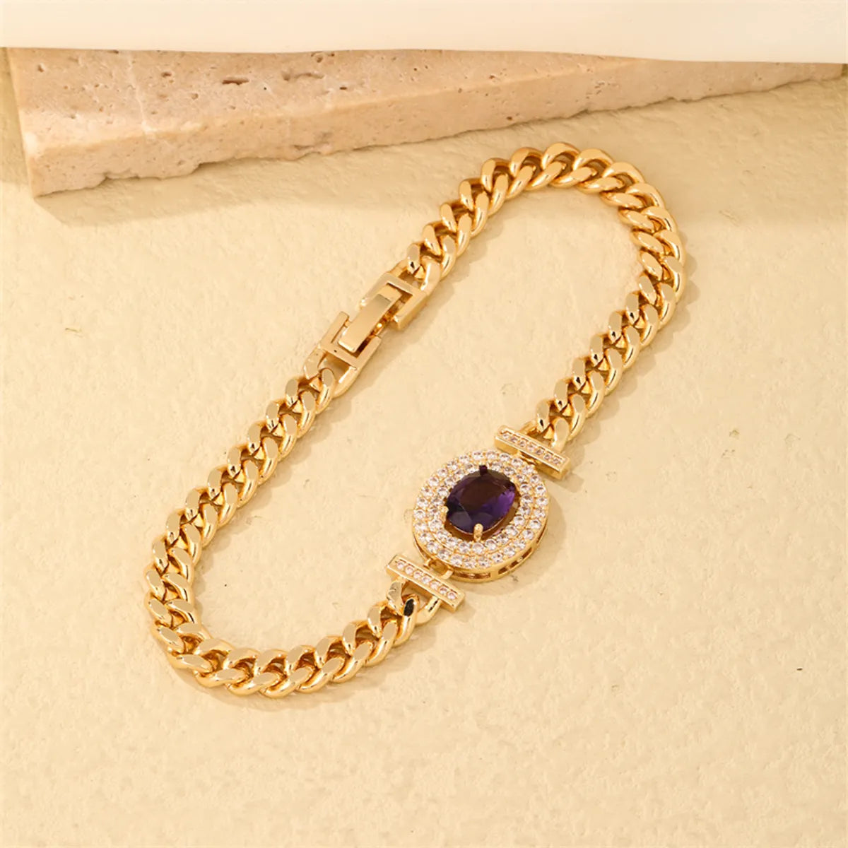 Lady Shiny Oval Stainless Steel Plating Inlay Zircon Gold Plated Bracelets