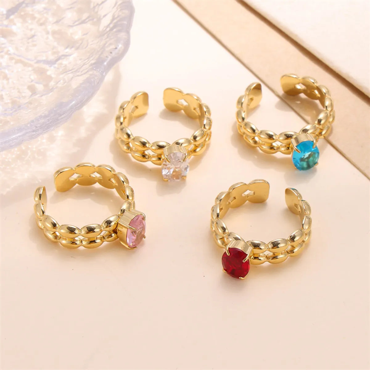 Lady Shiny Stainless Steel Plating Inlay Zircon 18k Gold Plated Open Rings