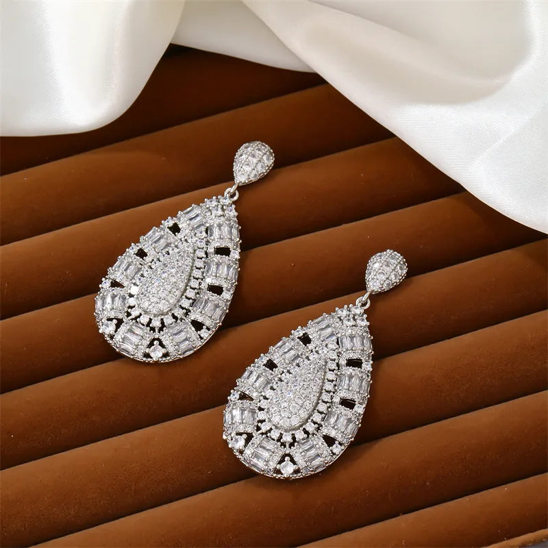 Lady Shiny Water Droplets Copper Plating Hollow Out Inlay Zircon White Gold Plated Earrings Necklace