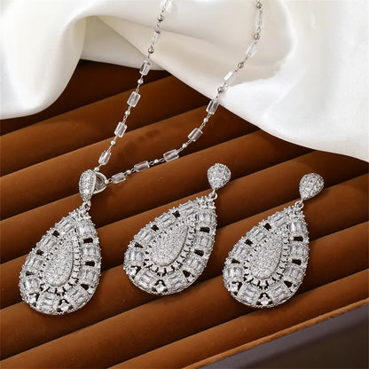 Lady Shiny Water Droplets Copper Plating Hollow Out Inlay Zircon White Gold Plated Earrings Necklace