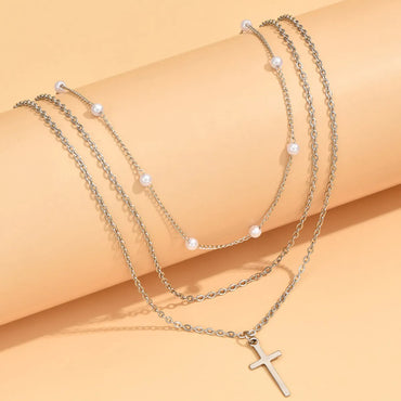 Lady Simple Style Cross White Gold Plated Gold Plated Imitation Pearl Alloy Wholesale Double Layer Necklaces Pendant Necklace