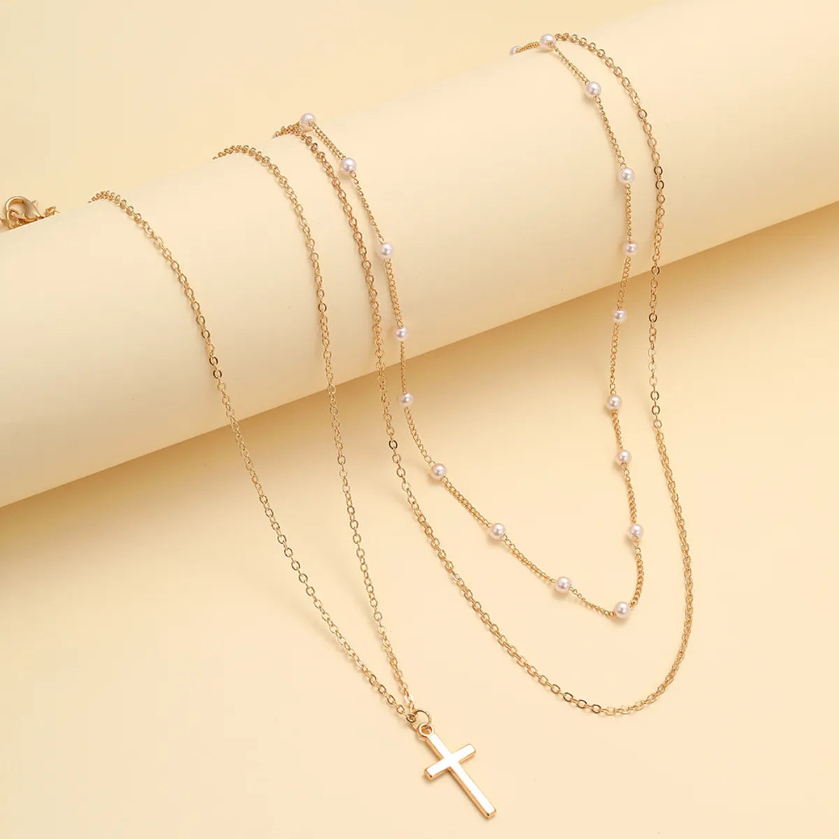 Lady Simple Style Cross White Gold Plated Gold Plated Imitation Pearl Alloy Wholesale Double Layer Necklaces Pendant Necklace