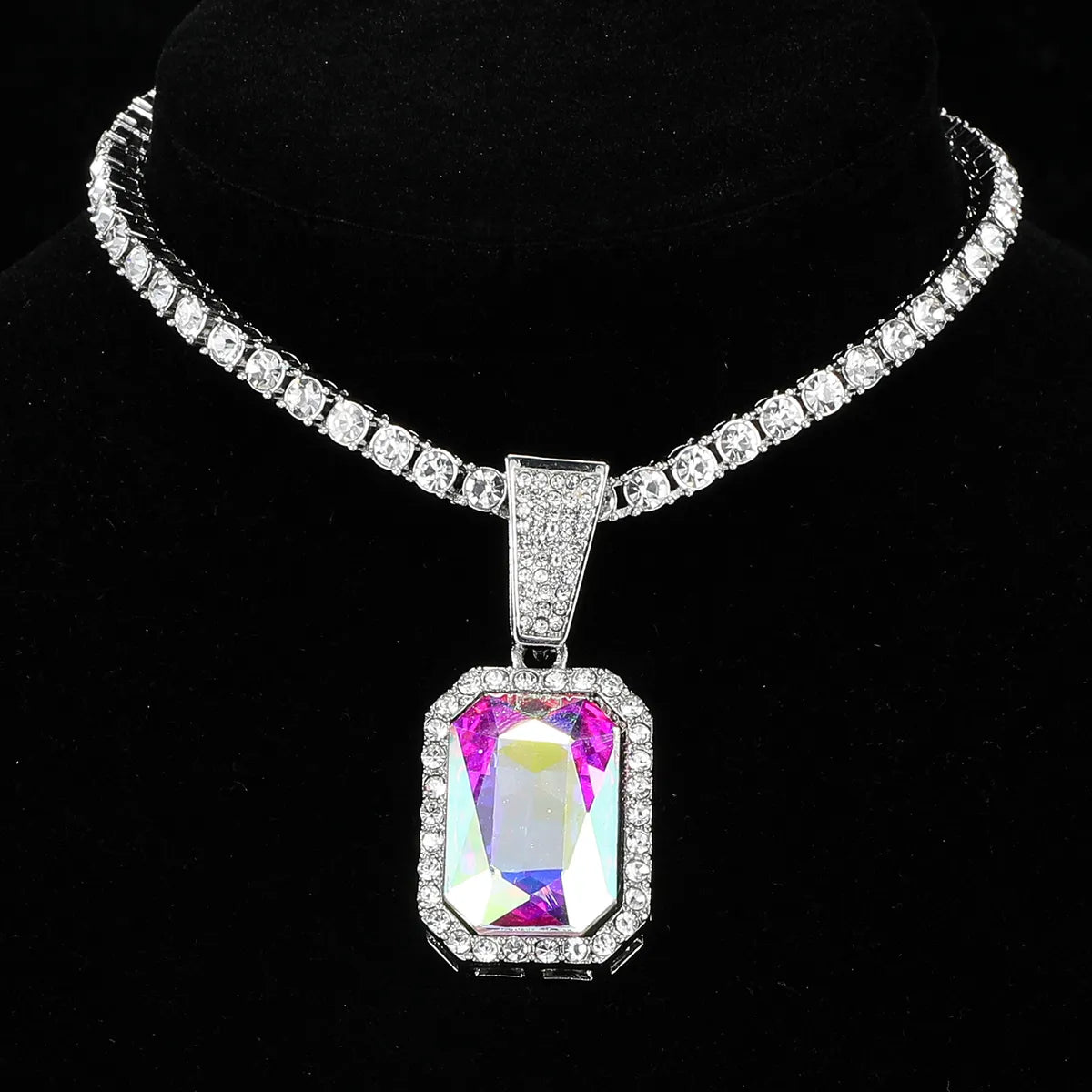 Lady Square Stainless Steel Alloy Inlay Artificial Gemstones Necklace