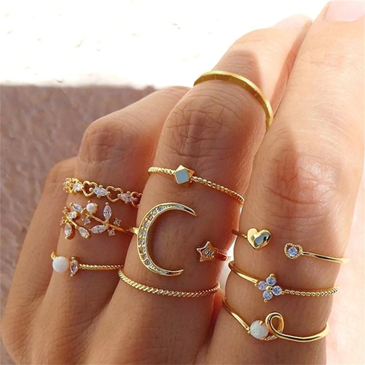 Lady Star Moon Leaves Alloy Plating Inlay Zircon Gold Plated Women's Rings