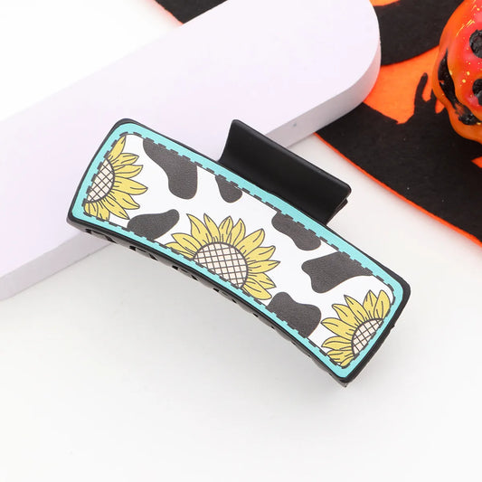 Women'S Lady Streetwear Sunflower Cow Pattern Pu Leather Plastic Iron Hair Claws