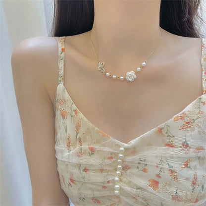 Lady Sweet Heart Shape Flower Fish Tail Imitation Pearl Alloy Inlay Rhinestones Women'S Necklace