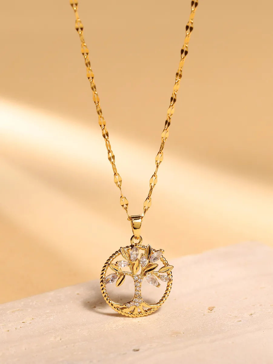 Lady Tree Stainless Steel Plating Hollow Out Inlay Zircon 18k Gold Plated Necklace