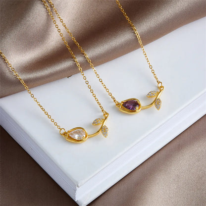 Lady Tulip Stainless Steel Copper Plating Inlay Zircon 18k Gold Plated Necklace