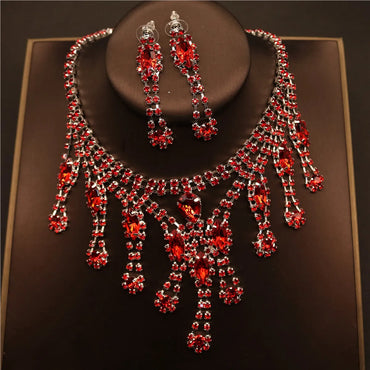 Lady Water Droplets Metal Inlay Crystal Rhinestones Women's Earrings Necklace