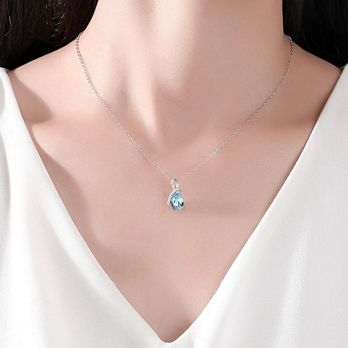 Lady Water Droplets Sterling Silver Inlay Zircon Pendant Necklace