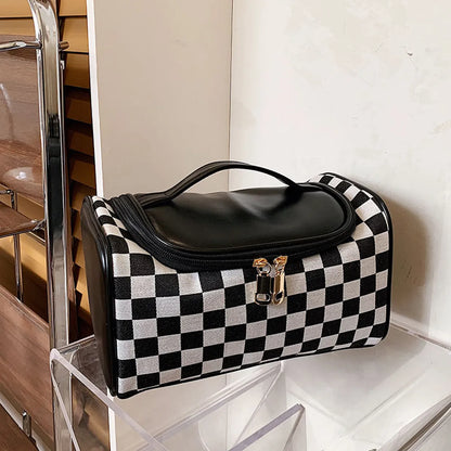 Large Portable Plaid Fashionable Makeup Bag Large Capacity Stitching Toiletry Bag Portable Zipper Makeup Storage Bag Simple