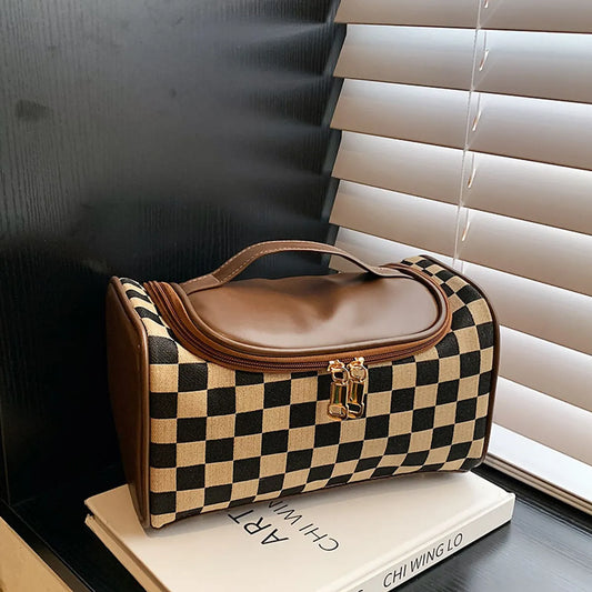 Large Portable Plaid Fashionable Makeup Bag Large Capacity Stitching Toiletry Bag Portable Zipper Makeup Storage Bag Simple