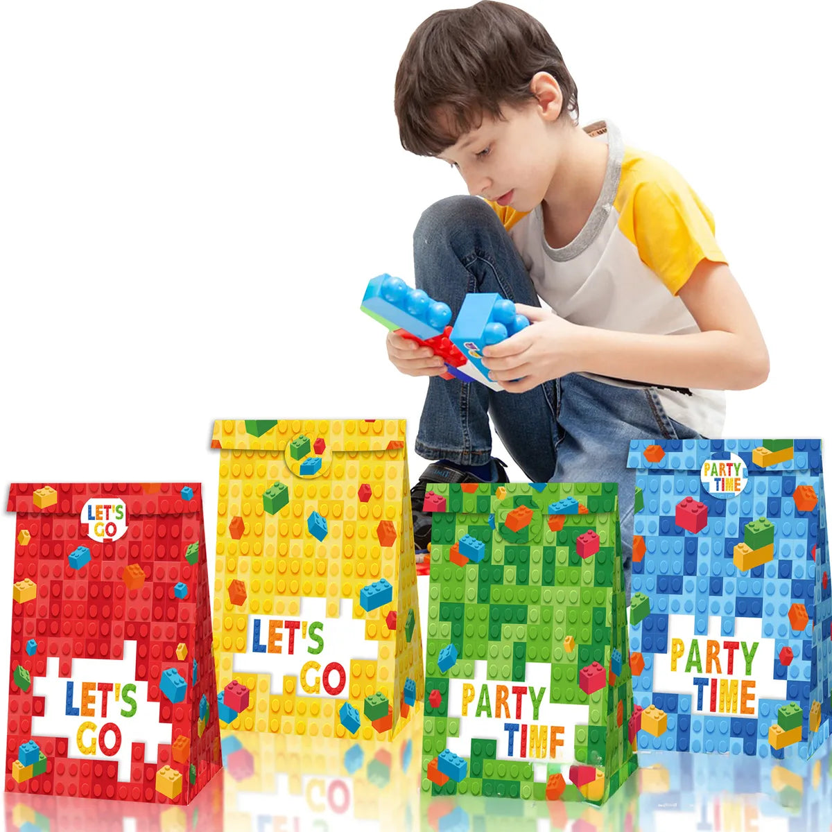 LB237  Children'S Building Blocks Square PARTY TIME PARTY Birthday Candy Kraft Paper Bag Set