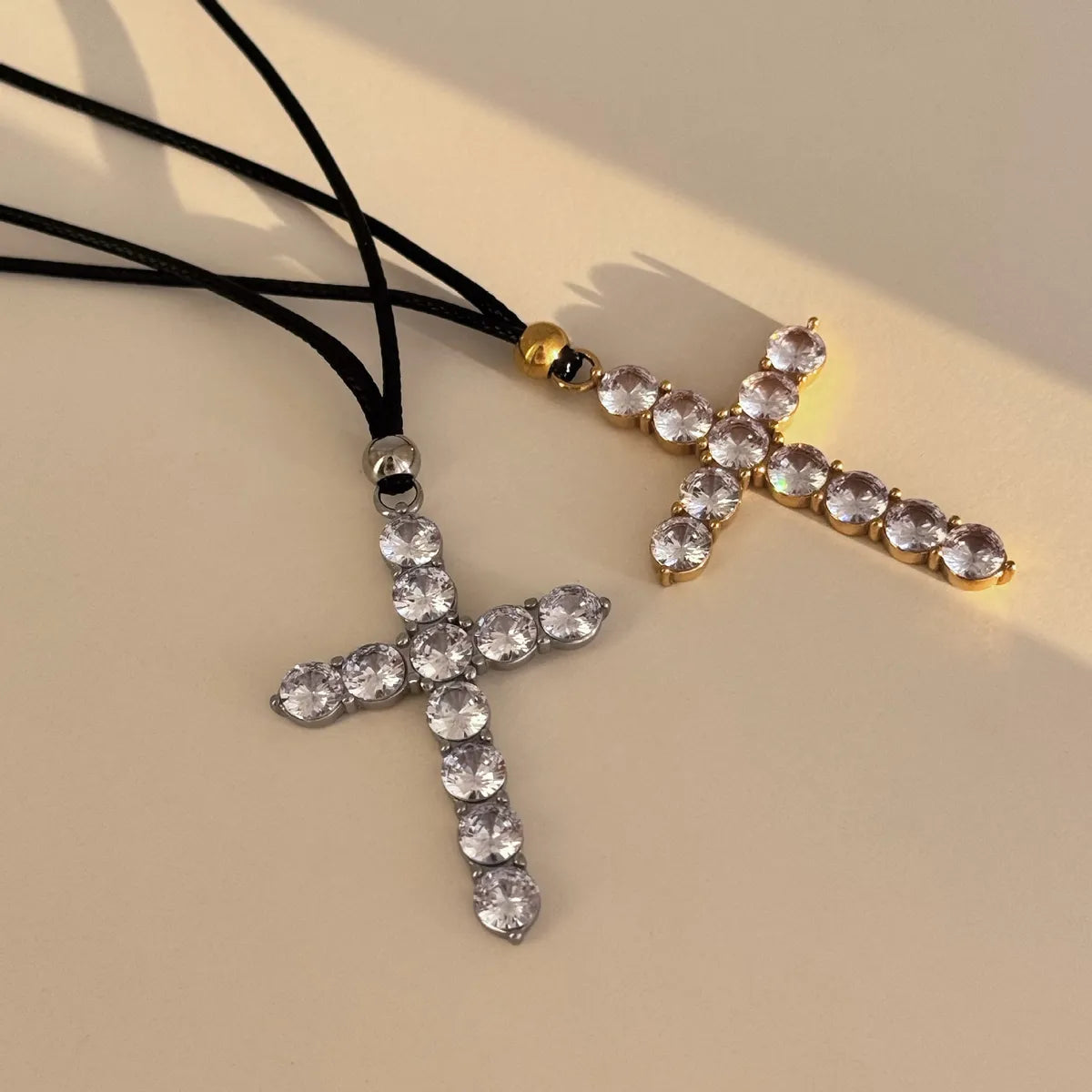 Leather Rope Titanium Steel Retro Cross Plating Inlay Zircon Pendant Necklace