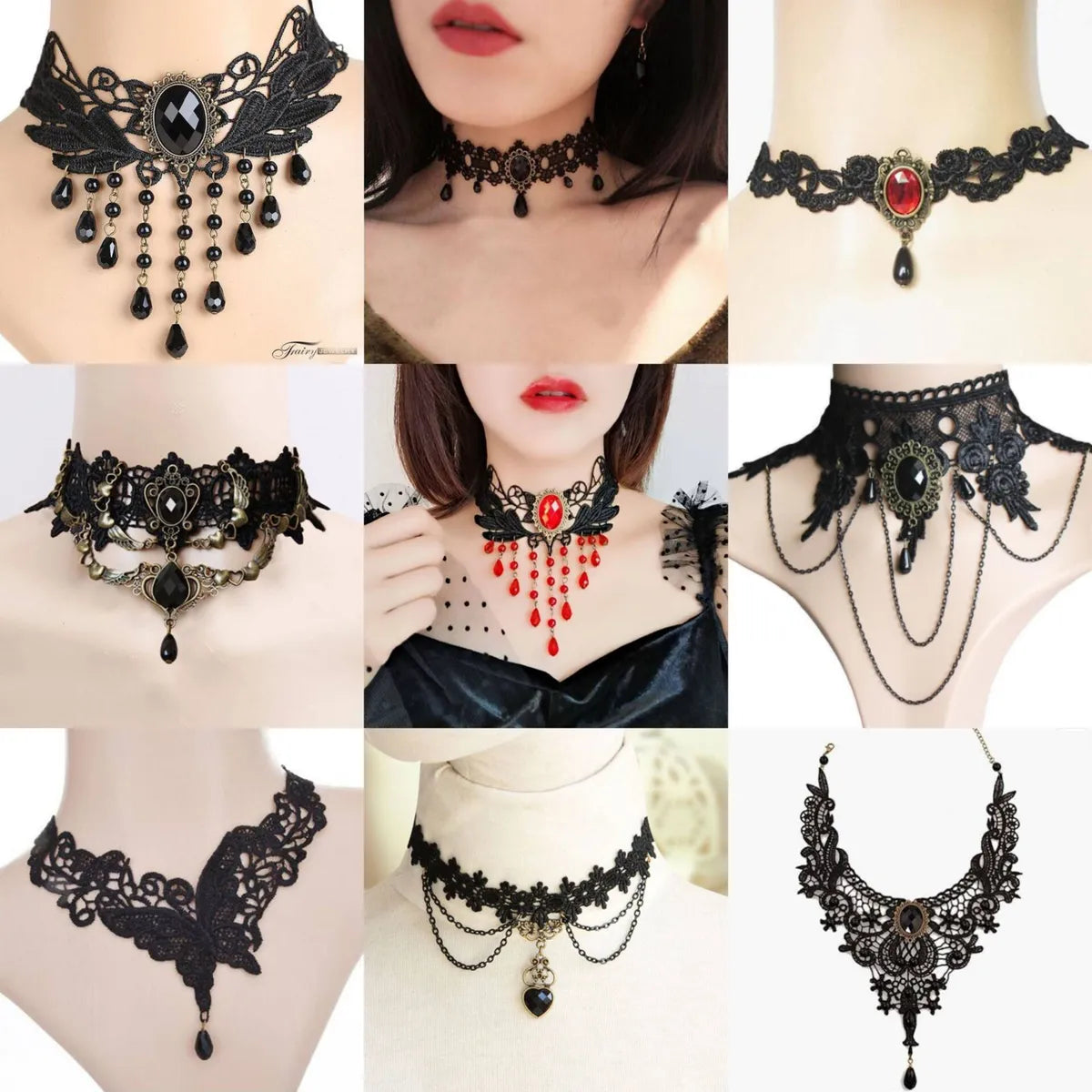 Lolita Plaid Water Droplets Lace Inlay Rhinestones Women's Choker