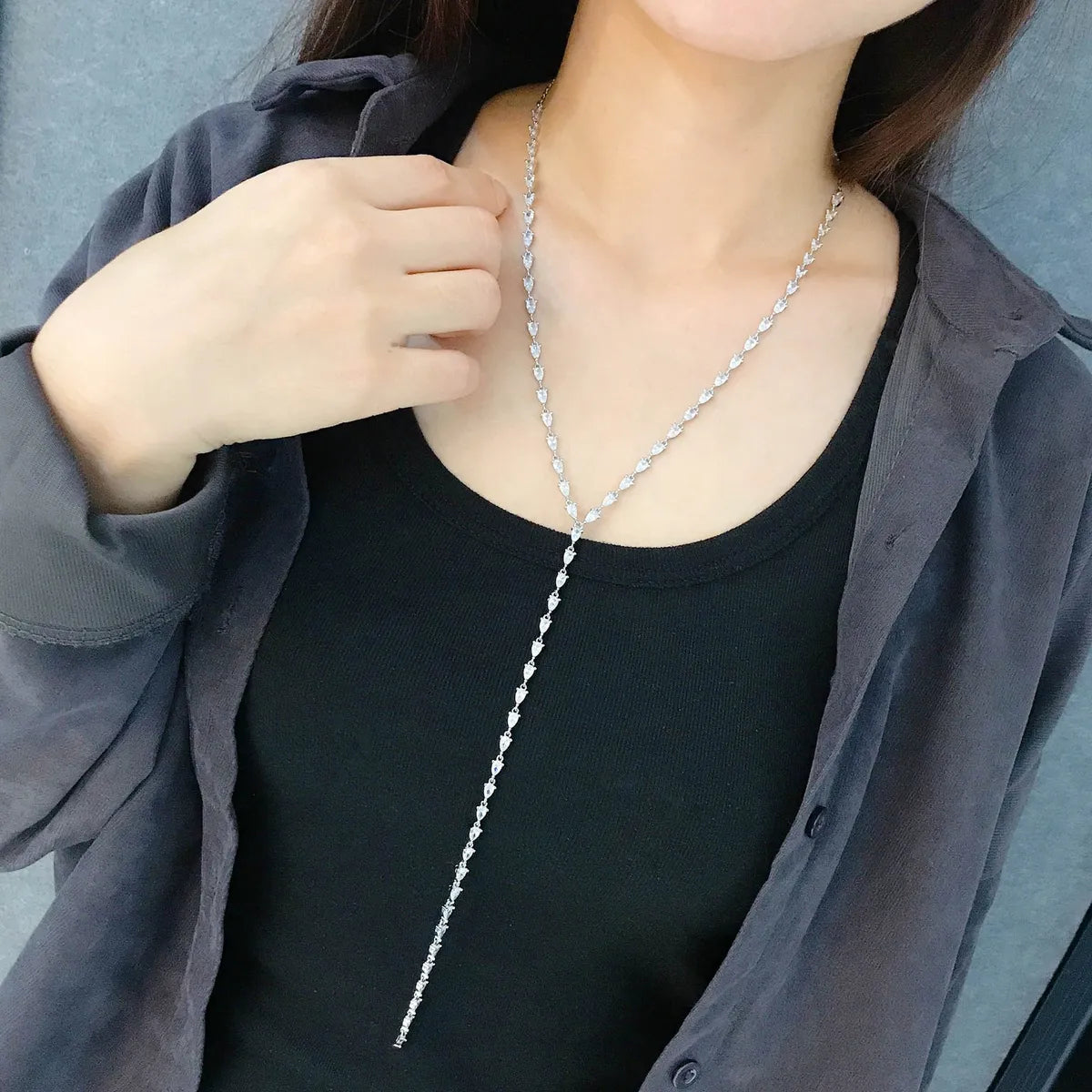 Long Water Drop Pear-shaped Micro-inlaid Zircon Heart Water Drop Y Tassel Long Sweater Chain