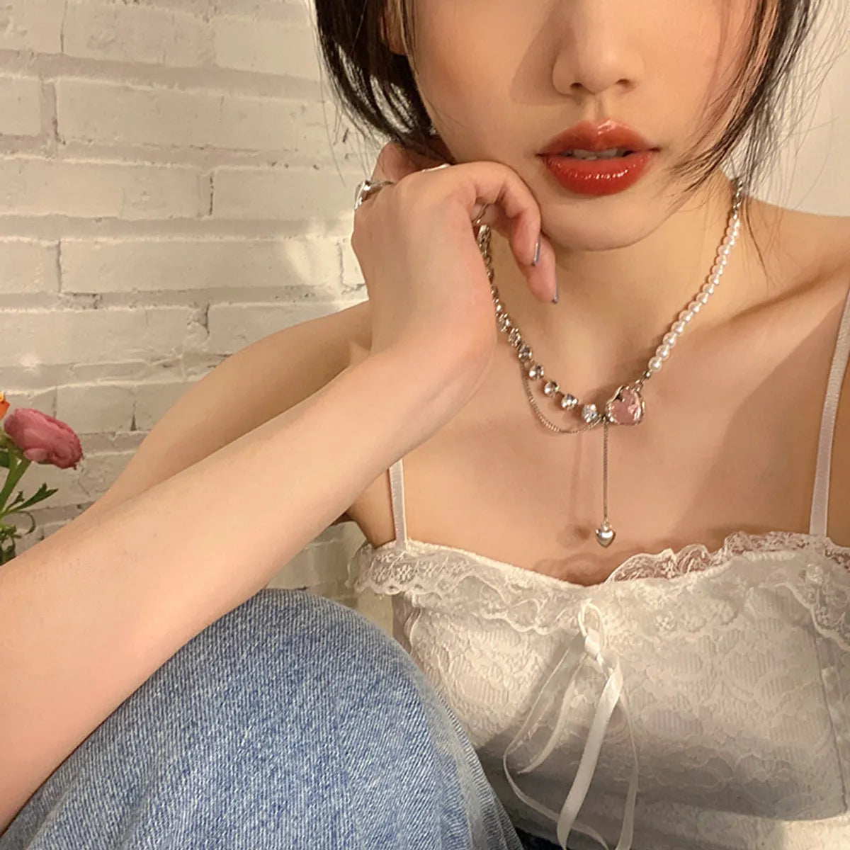 Love Stitching Pearl Japanese And Korean Necklace Design High-Grade Light Luxury Niche Clavicle Chain  New Women'S Necklace