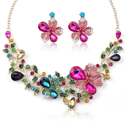 Luxurious Bridal Flower Alloy Inlay Rhinestones Glass Women's Earrings Necklace