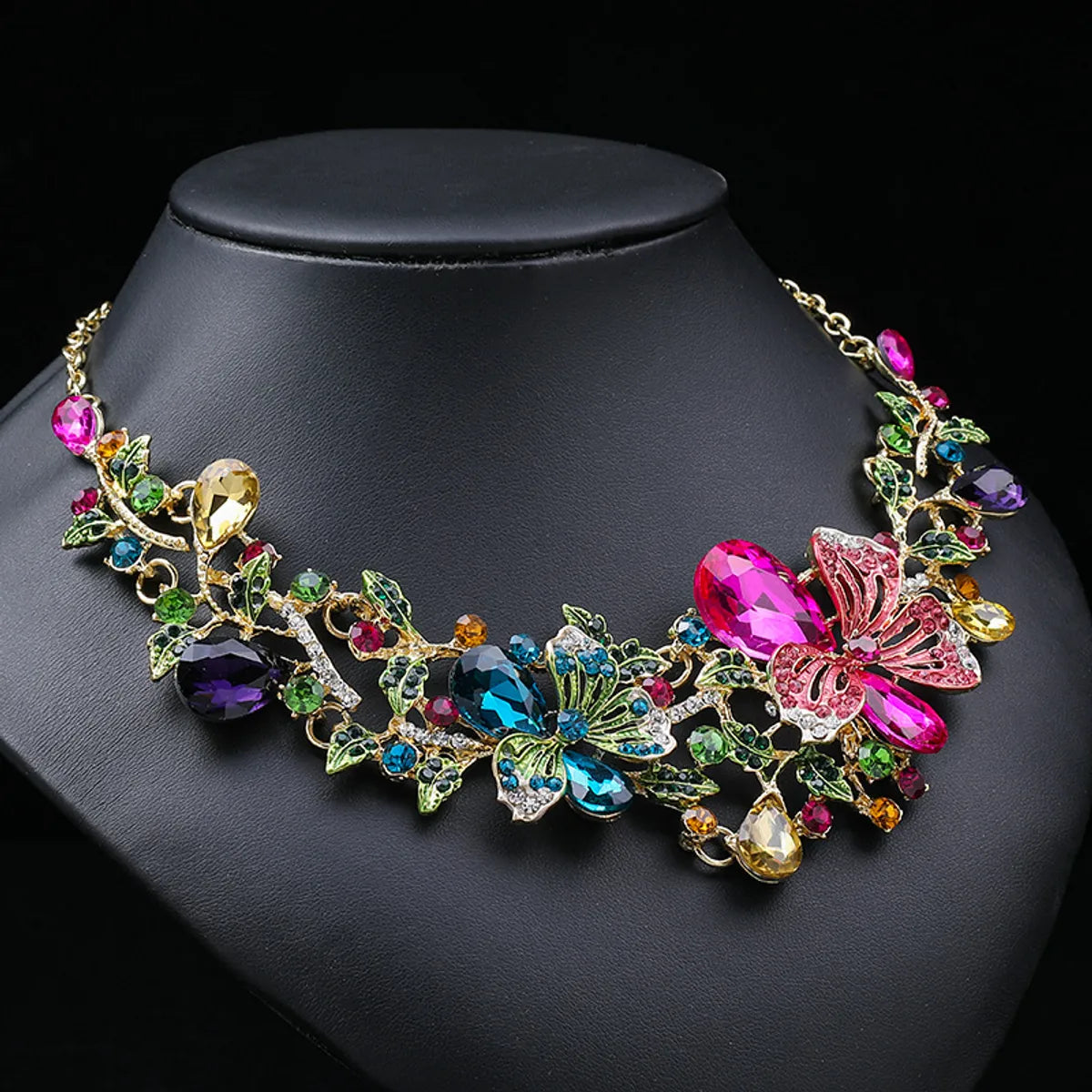 Luxurious Bridal Flower Alloy Inlay Rhinestones Glass Women's Earrings Necklace